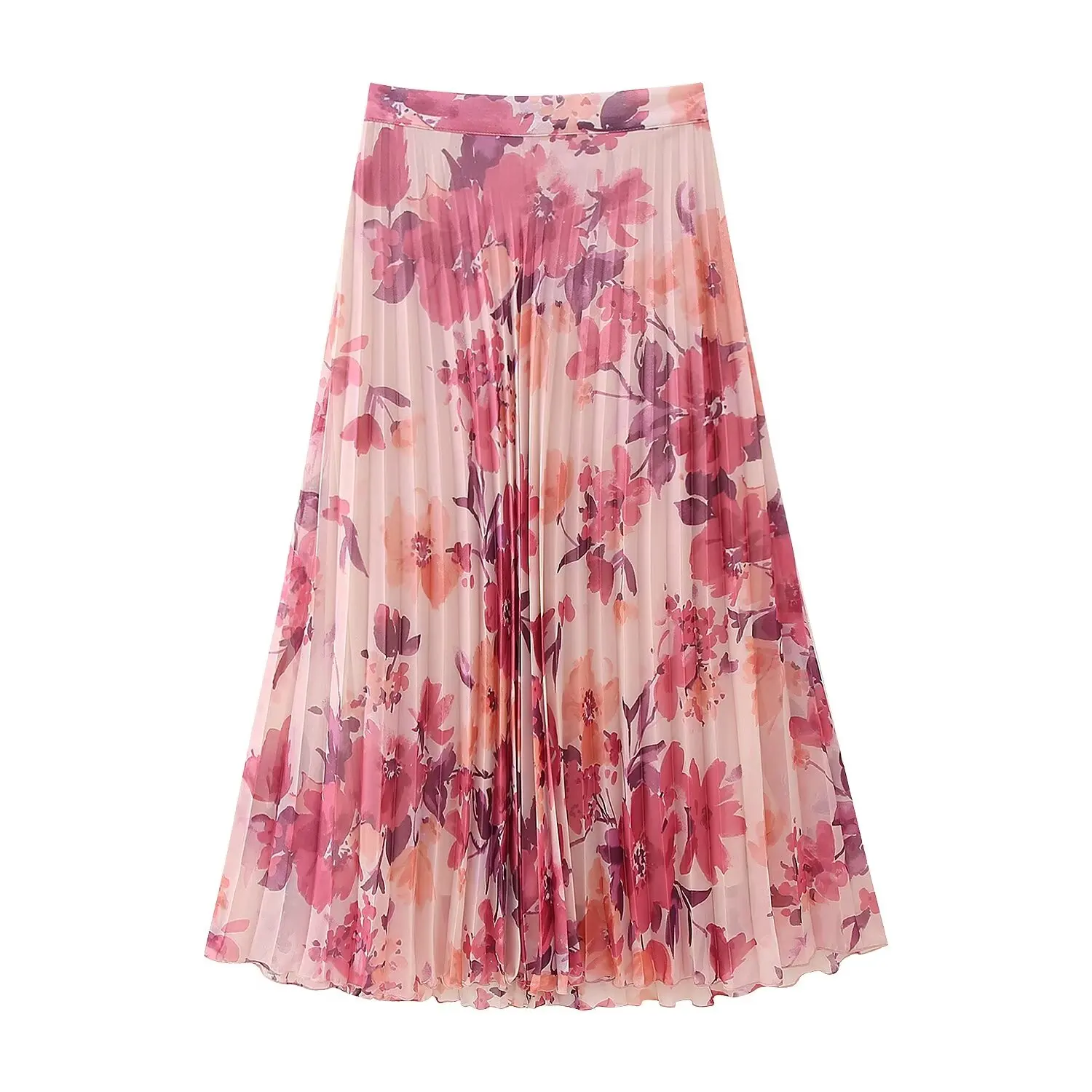 TRAF-Saias Longas Plissadas Floral Feminina, Saia Midi de Cintura Alta, Saias Mulher Ruched, Saias de Festa Vintage, Primavera