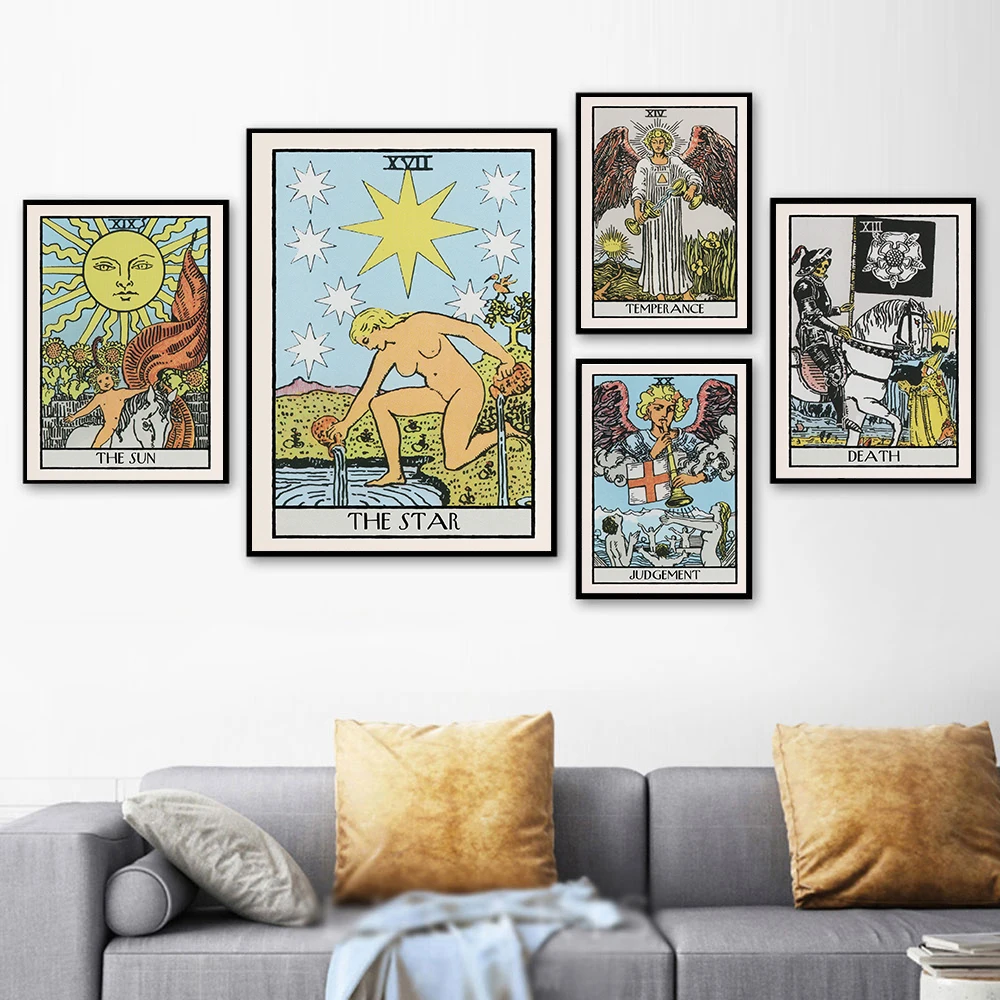 Fortune Telling Judgement Tarot Card Prints Wall Art Zodiac Quote Poster Strength Star Sun Canvas Painting Retro Pictures Decor