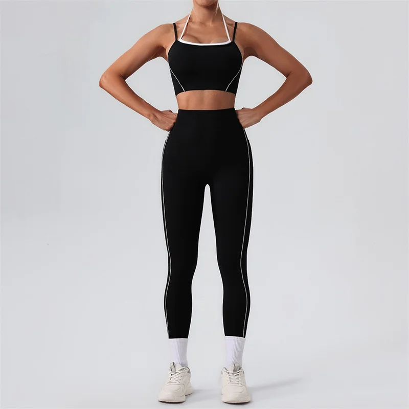 SVEIC Yoga Set Contrasting Color High Waisted Leggings Fitness Sportswear Workout Running Sports Bra Suits Training Gym Clothing