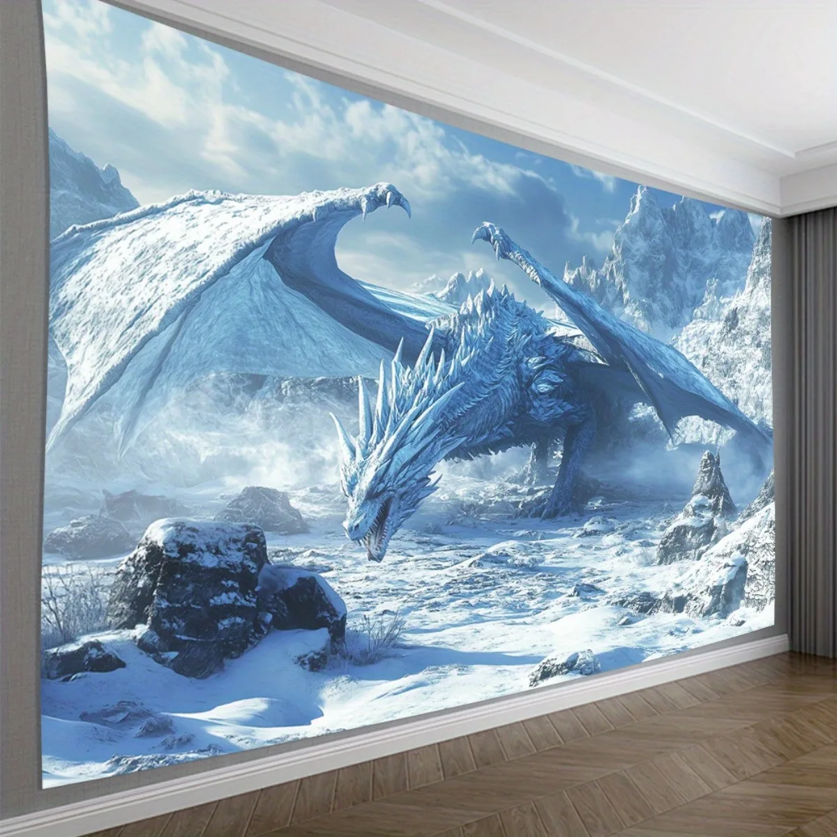 Ice Dragon Tapestry Polyester 3D Wall Hanging Snowy Mountains Fantasy Mural Medieval Norse Mythology Decor Living Room Bedroom