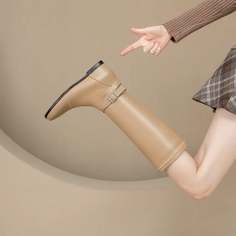 

Women's new leather and cowhide round head side zipper knee length high rise mid heel plus size tall boots fashion boots