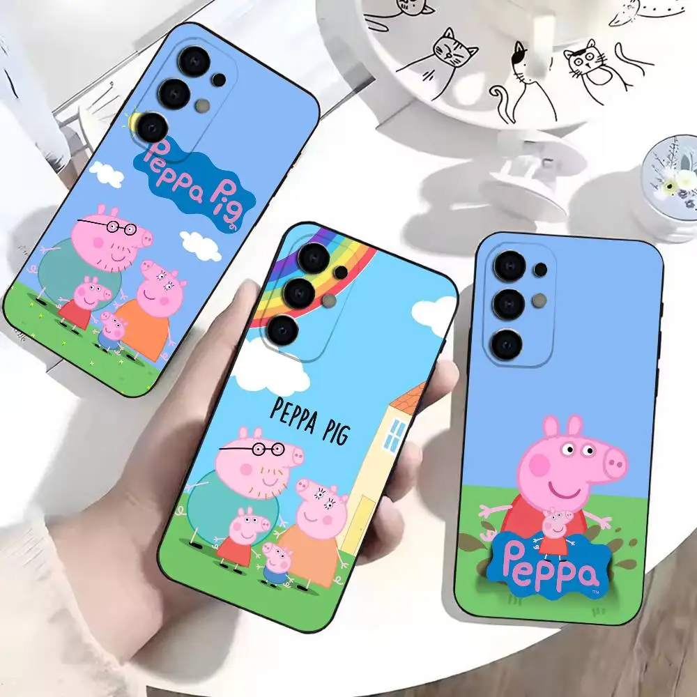 Capa de Telefone Peppa P-Pig Happy Family para Samsung, Capa Preta Macia S25, S23, S21, S22, S24, S30, S20 Ultra Plus