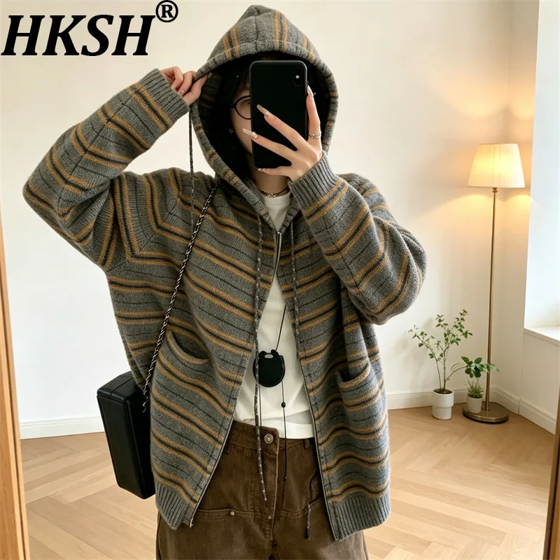 HKSH Women Thick Sweater Korean Style Striped Drawstring Loose Elegant Casual Zipper Stylish Ins Hooded Knitted Cardigan HK27250