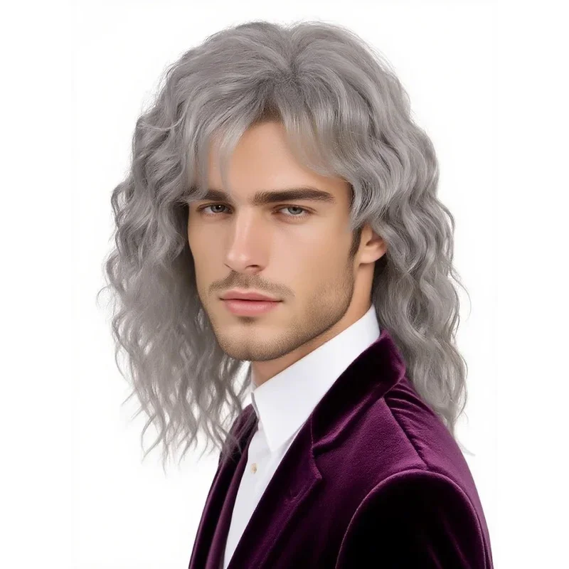 

Synthetic 20 Inch Grey Long Wavy Wigs for Old Men Cosplay with Bangs Halloween Costume Party Daily Heat Resistant Anime Wig yi;4