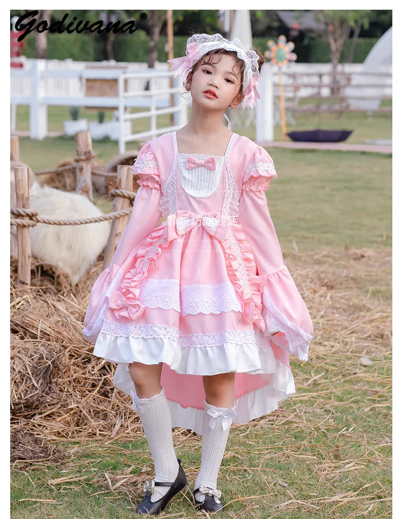

Baby Girls Cosplay Lolita Princess Dress Childrens Fashion Spanish Court Cute Bow Lace Trim Detachable Sleeves Performance Gown