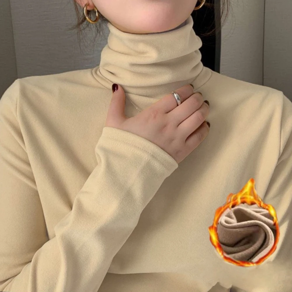 Women's Thermal Underwear High Collar Autumn Winter Thickening Solid Soft Long-sleeved T-shirt Pile 