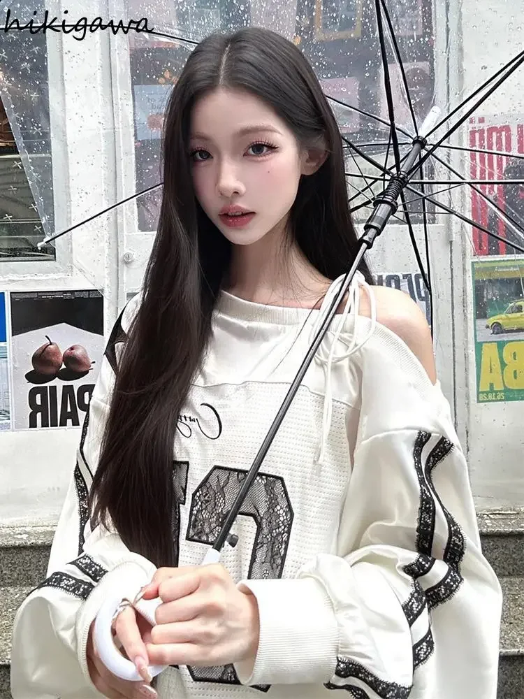 Hoodie Harajuku pakaian wanita Off Shoulder renda seksi huruf Y2k atasan 2024 Ropa Mujer perban kasual Chic kaus ukuran besar