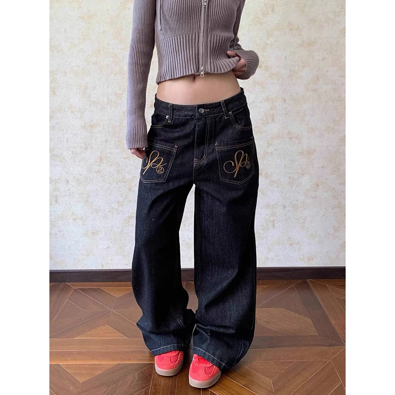 Celana Jeans Wanita ZHIZOU Model Baggy Bordir Gaya Grunge Jepang Low Rise Y2K Denim Estetika 2000-an Harajuku Abi Grunge Cyber Punk