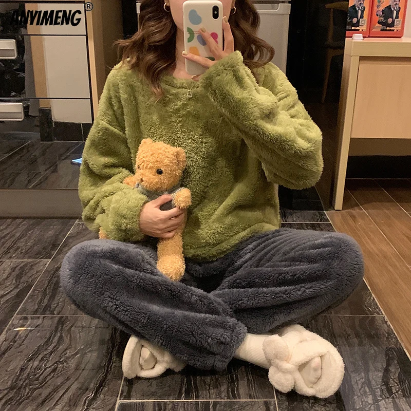 Sweet Warm-warm Pajamas for Women Korean Minimalist Solid Fluffy Thermal Sleepwear Women Leisure Loungewear Winter Girl Pijama