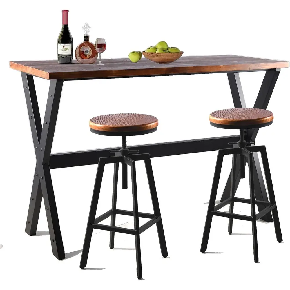 

3-Piece Table & Chairs Set, Space-Saving urniture or Home Bar Dining Cae Pub Party, Industrial Black Metal & Rustic Brown Wood,