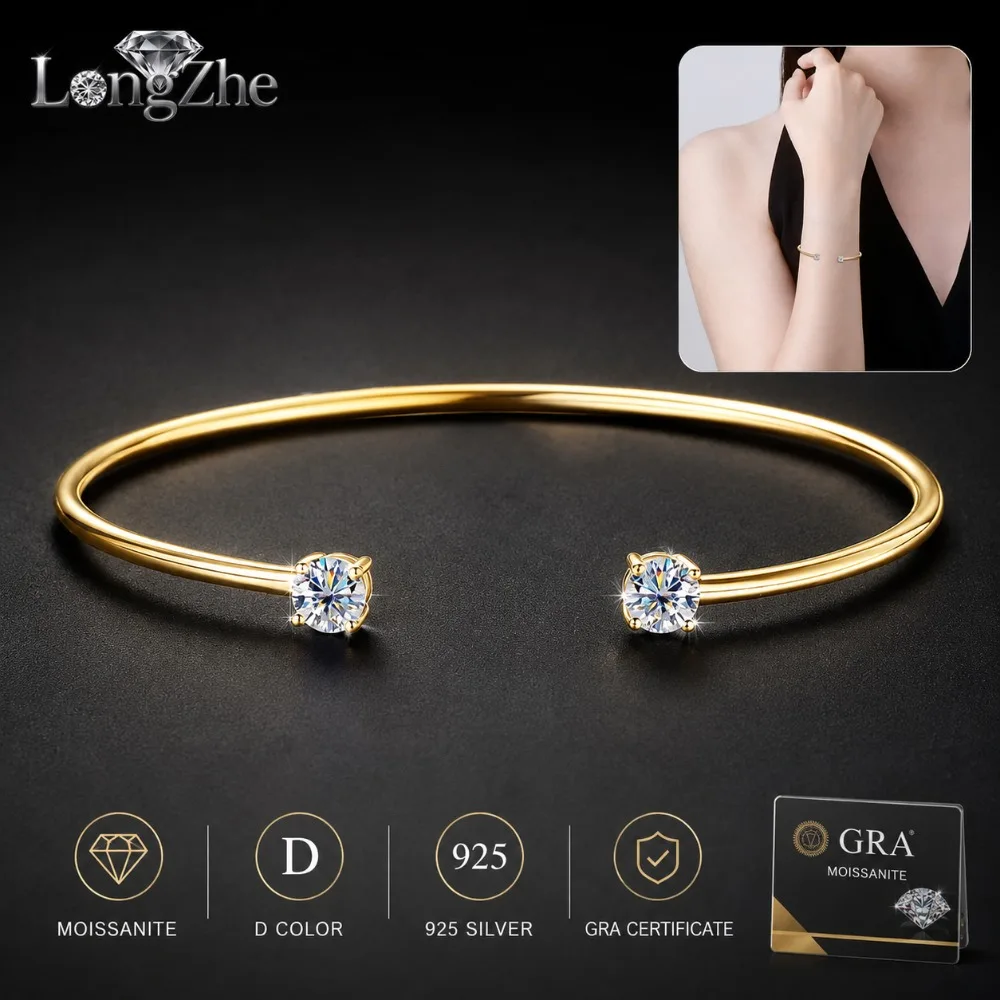 Moissanite Open Cuff Bracelet for Women 0.5CT Each Round Cut S925 Sterling Silver Minimalist Bangle Wedding Gift Fine Jewelry