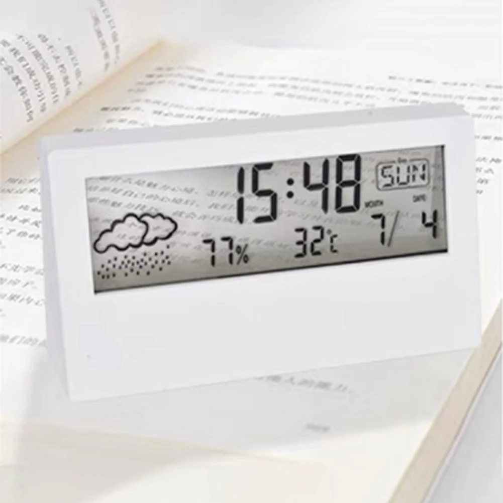 

1pc Thermo-Hygrometer Alarm Clock LCD Screen Room Temperature Weather Humidity Display Household Supplies 13cmx3cmx7cm