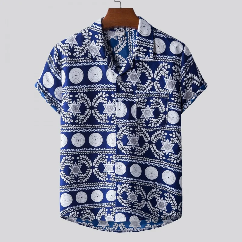 SZYL-Men's Short-Sleeved Shirt, Ethnic Style Printed Hawaiian Shirt, Source of Goods