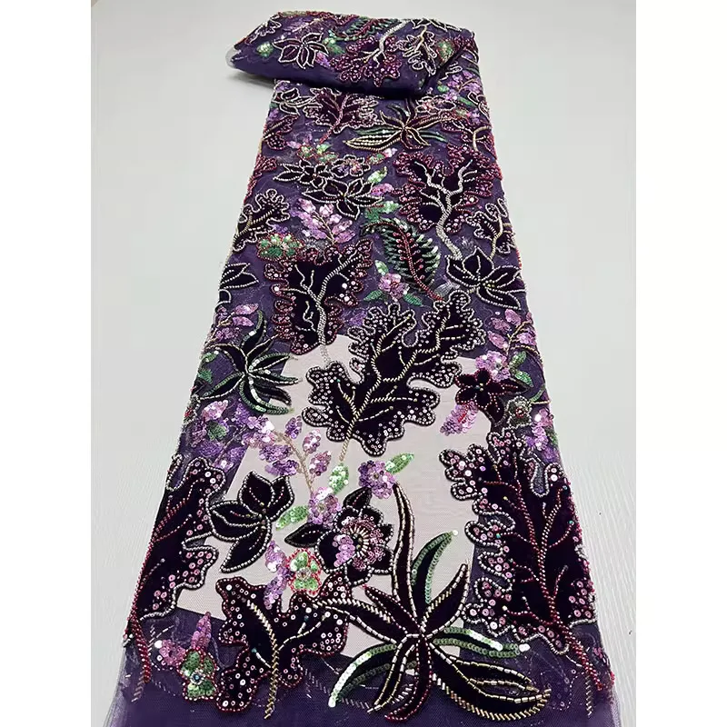 

2yard Exquisite pearl leaf flower shaped sequin embroidery tissu new gauze fabric wedding Dress cheongsam fabric for clothing