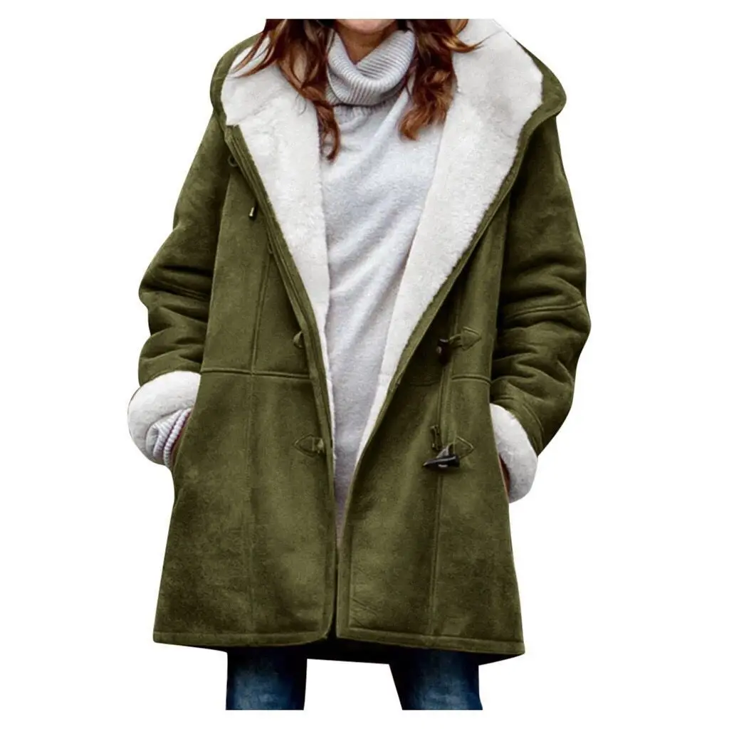 Winter Warm Medium Long Coat New Women's Solid Color Clothing Casual Cotton-Padded Horn Button up Cardigan Clothes Chic