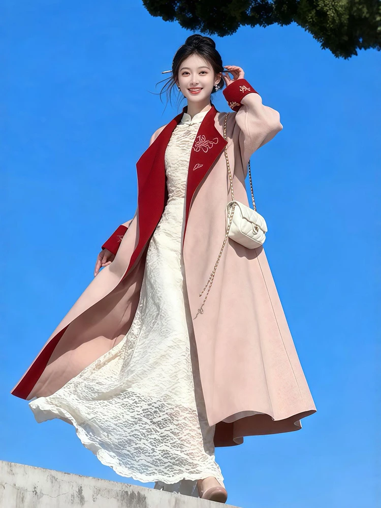 

New Chinese Style Double-Sided Wear Woolen Coat Embroidered Beautiful Medium-Length Elegant Lady Winter Fashion Outerwear