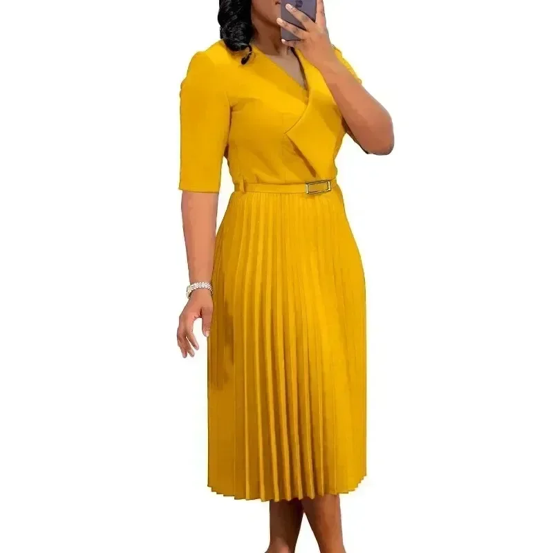 Women's 2025 new solid color V-neck fashion style pleated commuter dress  sexy dress  maxi dresses for women