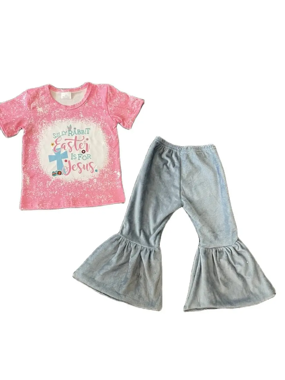 

Boutique Baby Girl Easter Clothing Pink Short-sleeved Sky Blue Velvet Bell Bottom Pants Sets