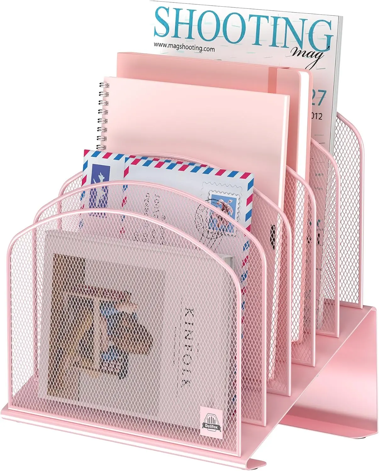 

5-Section Vertical Metal File Organizer Stand, Pink Desk Sorter for Office Classroom Desktop Storage