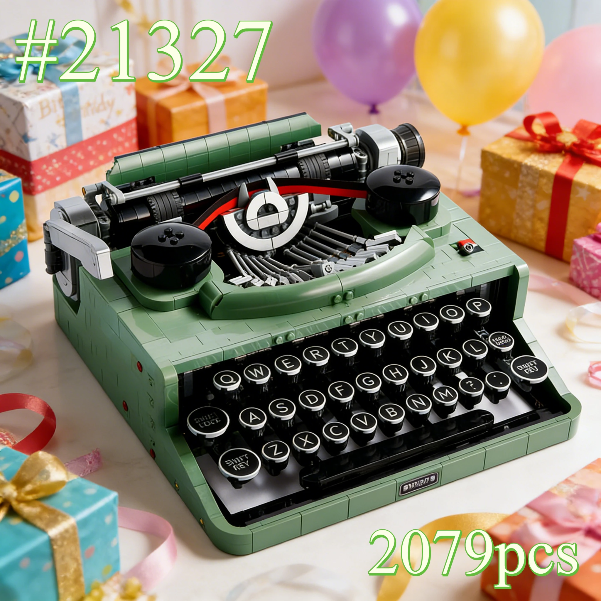 Oudgroen typemachine model 21327 bouwstenensets geschikt voor kerstcadeaus compatibel met Legoed-deeltjes, 2079 stuks.