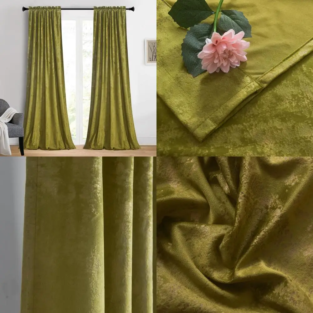 

Olive Green Velvet Curtains with Gold Foil Print, 108 Long, Thermal Insulated, Rod Pocket, Blackout for Living Spaces