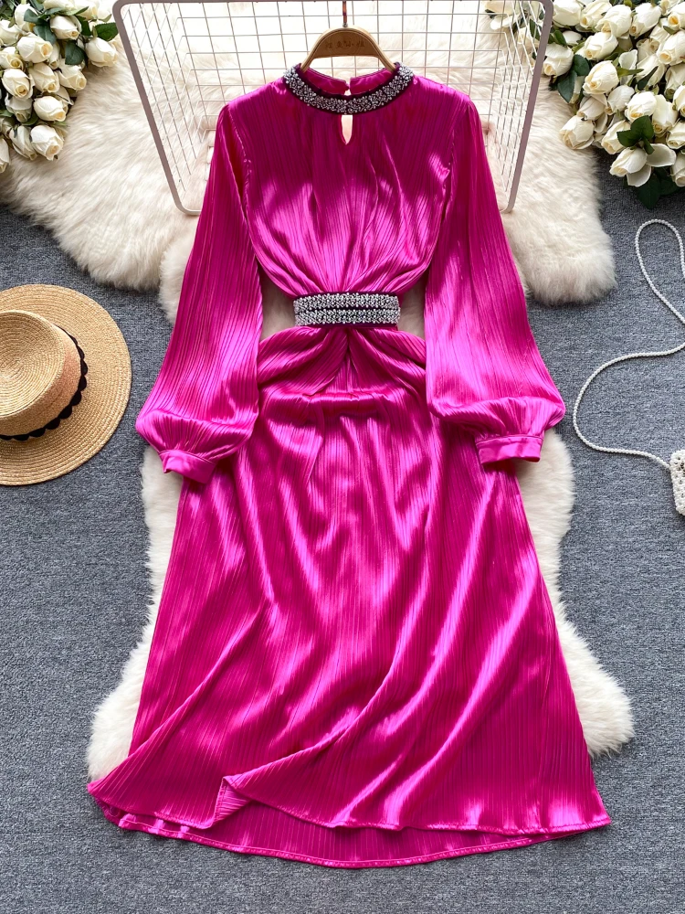 Imagem -02 - Aibeautyer-vestido de Chiffon de Meia Panturrilha para Mulheres Linha Pulôver com Pescoço o Monocromático Fino Completo Casual Primavera Outono Novo