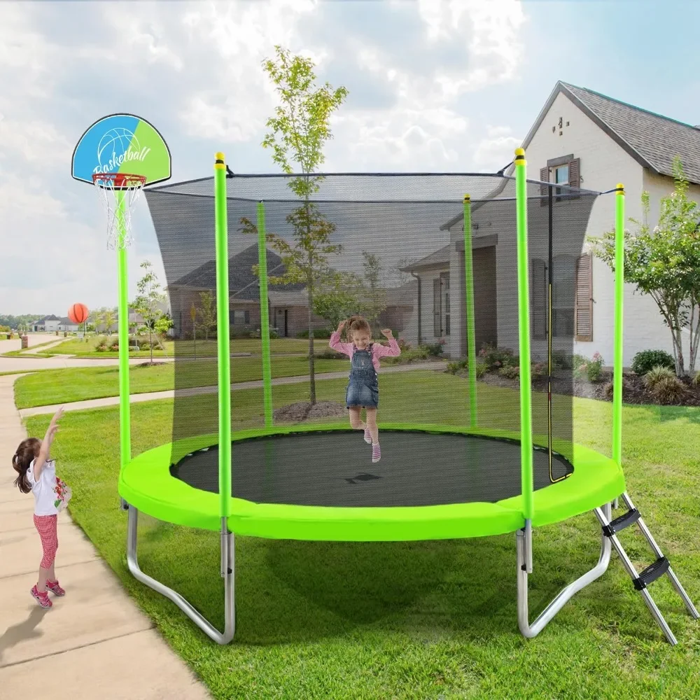 8FT&10FT Trampoline for Kids,Outdoor Kids Trampoline with Safety Enclosure, Basketball Hoop and Ladder, Fast Assembly