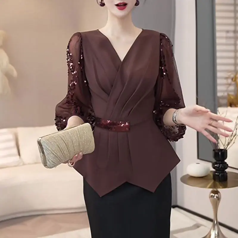 2025 automne nouvelle mode col en v épissage paillettes Design haut pour les femmes décontracté et élégant