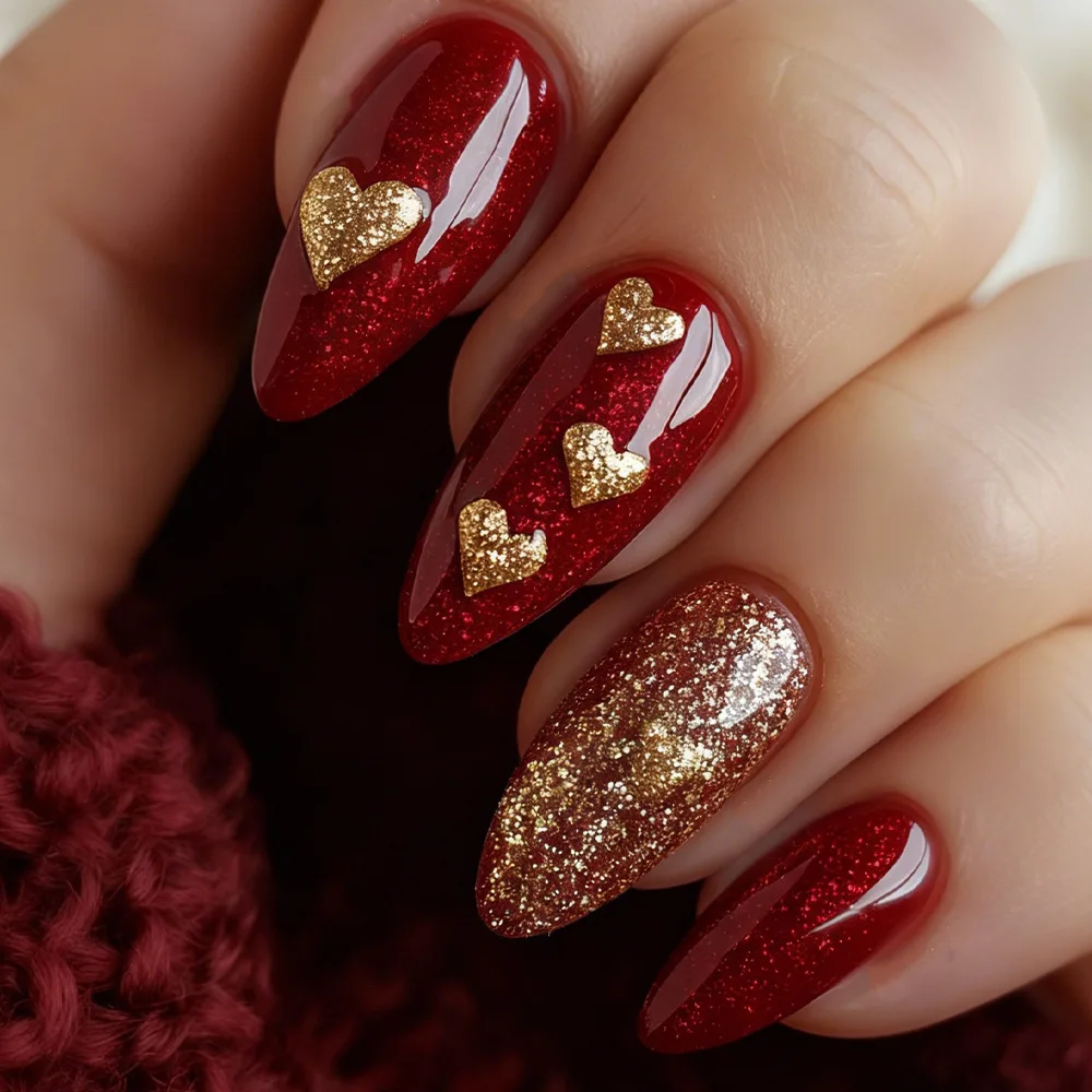 Mittlere künstliche Nägel, goldenes Silber, glitzerndes Herz, französischer weißer Streifen, Valentinstag-Design, Mandel-Quadrat, zum Aufdrücken der künstlichen Nägel