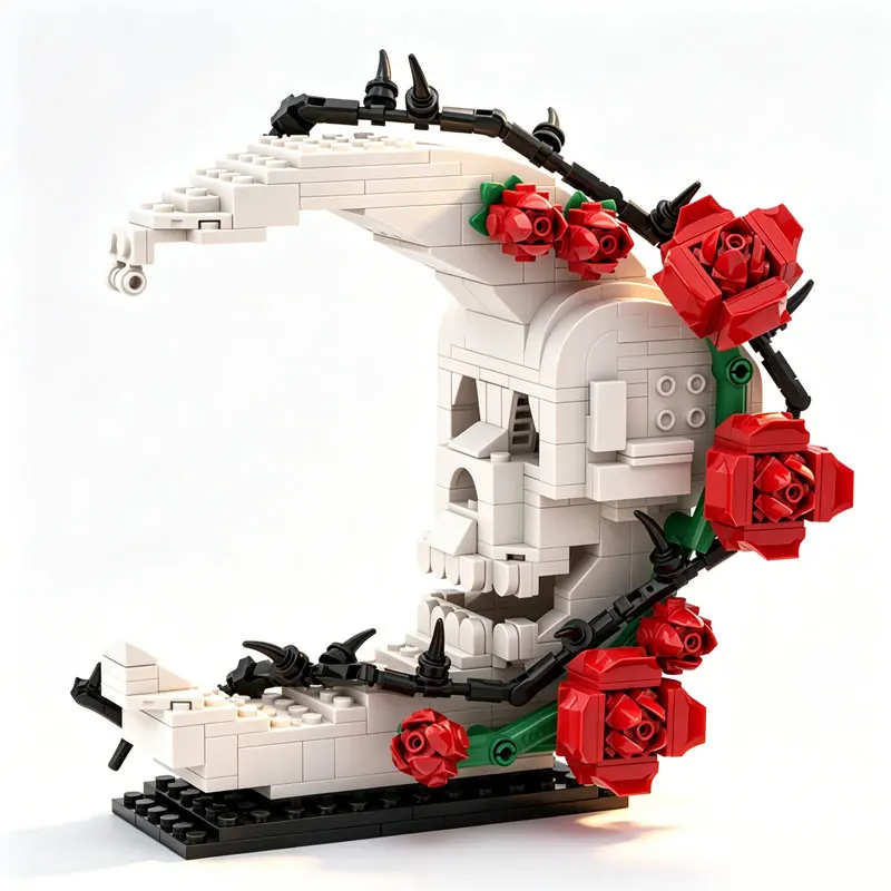 

Crescent Moon Skull Building Blocks Gothic Rose Flower Bricks Kit DIY Home Ornament Halloween Gift for Adults Creative Set