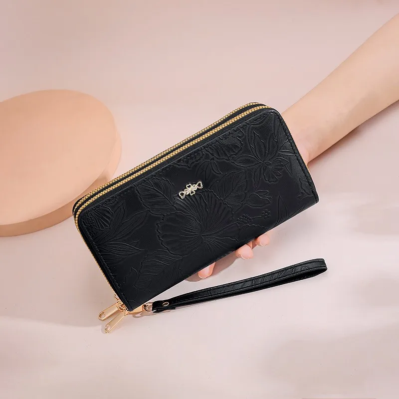 Double Zipper with Two Layers Women's Wallet Leather Ladies Purse Embossed Long Clutch Card Holder Phone Checkbook Organizer