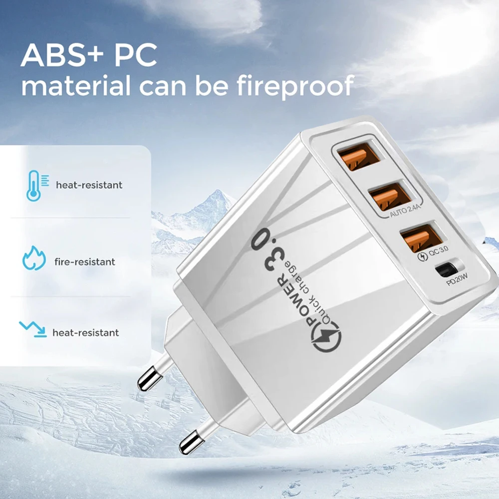 

40W 5V 2A 3 USB/1 Type-C Charger Multiport Charging Head EU/UK/US Regulations Wall Charger Mobile Phone Accessories for Samsung