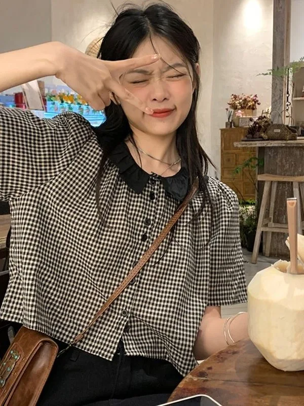 

Slimming Plaid Shirt Korean Style Short Sleeve Turn-down Collar Color Block Design Women's Fashionable Top Casual Wear