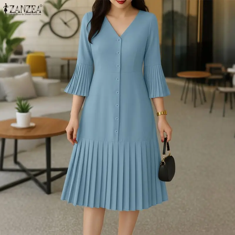2026 Sommerkleid ZANZEA Elegantes Damenkleid mit V-Ausschnitt, plissiert, stilvolles, einfarbiges OL-Arbeitskleid, 3/4-Ärmel, Urlaubs-Midikleid