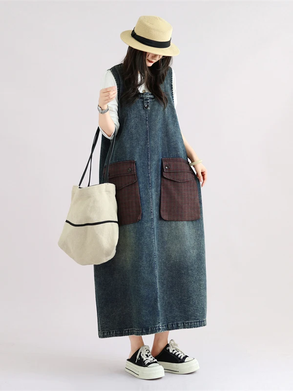 Retro Large Pocket Patchwork Denim Loose Slimming Mid-Length Dress Casual Washed Natural Waist Cotton 100% Women's Clothing