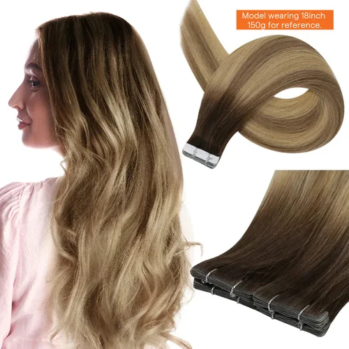 Cinta de inyección virgen de brillo completo en extensiones de cabello humano, cinta Invisible atada a mano en extensión de cabello, adhesivo Natural de cabello humano