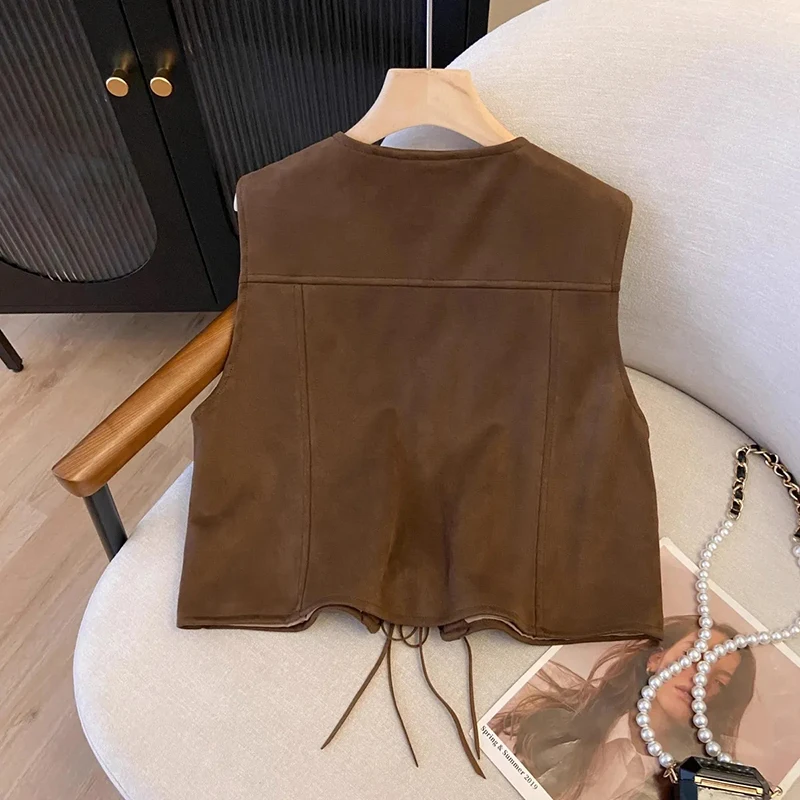 Y2K Vintage Crop Vest Women Autumn Sleeveless Lace Up Patchwork Streetwear Cardigan Female Harajuku Ethnic Style Short Tank New