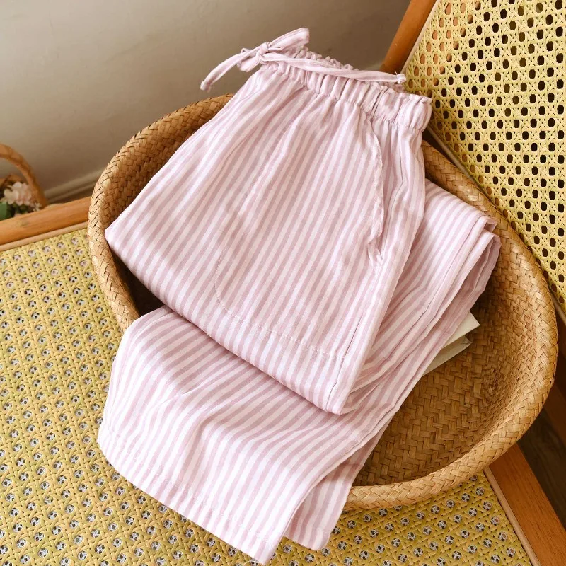 2026 neue Damen-Schlafhose für Frühling/Sommer, 100 % Baumwollgaze, gestreifte Leine, gestreift, lockere, dünne Heimhose