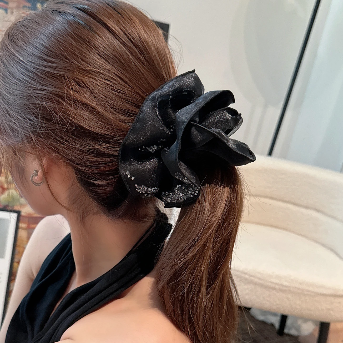 Frankreich Stil Bling Strass Schwarz Mesh Scrunchies High-end-frauen Haar Seil Vielseitig Temperament Haar Krawatte Haar Zubehör – Detail 6