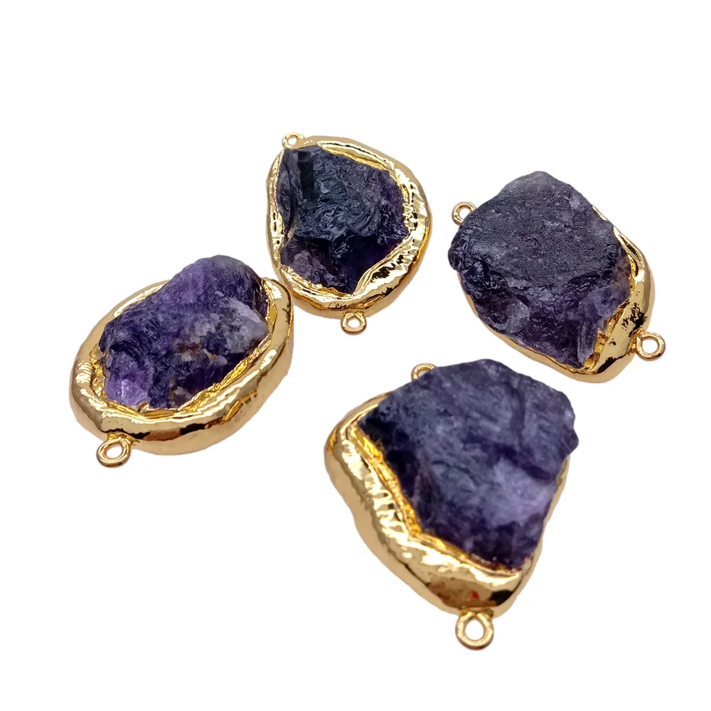 Wholesale 5 PCS  25x35mm Natural Purple Amethyst Metal Bezel  Rough Raw Double Ring Beads DIY