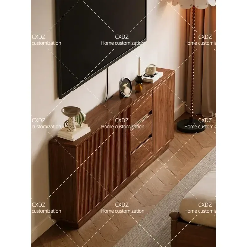Medieval TV cabinet, living room household small apartment floor-to-ceiling solid wood high storage locker, ultra-thin TV