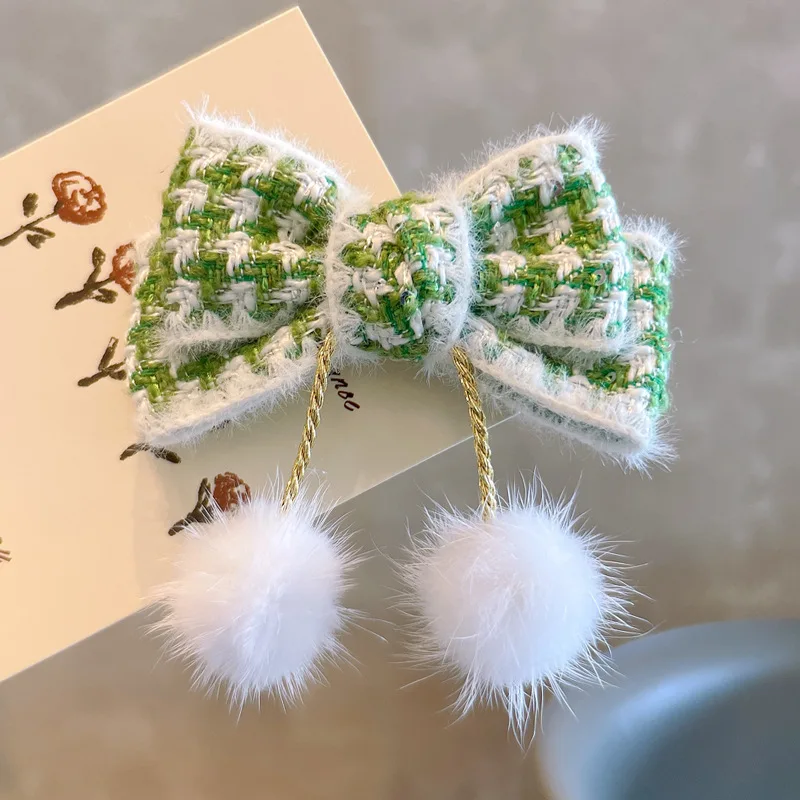 

Girls Bow Hair Clip with Mink Trim Red Plaid Design Winter Fashion Hair Accessories for Toddlers Kids