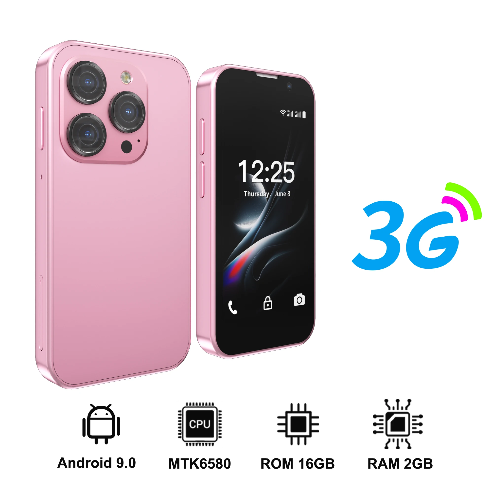 SERVO 3G Super Mini Smartphone Android 9.0 OS 2GB+16GB Gezichtsontgrendeling Play Store WiFi Hotspot 2 SIM Standby 3.0" Kleine Smartphones