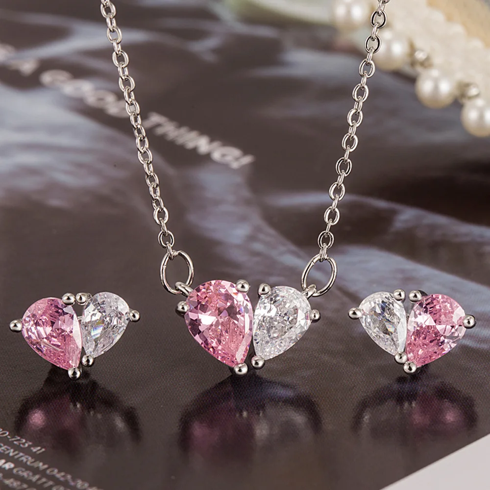 925 Sterling Silver Love Shape Necklace Ring & Ear Stud Set