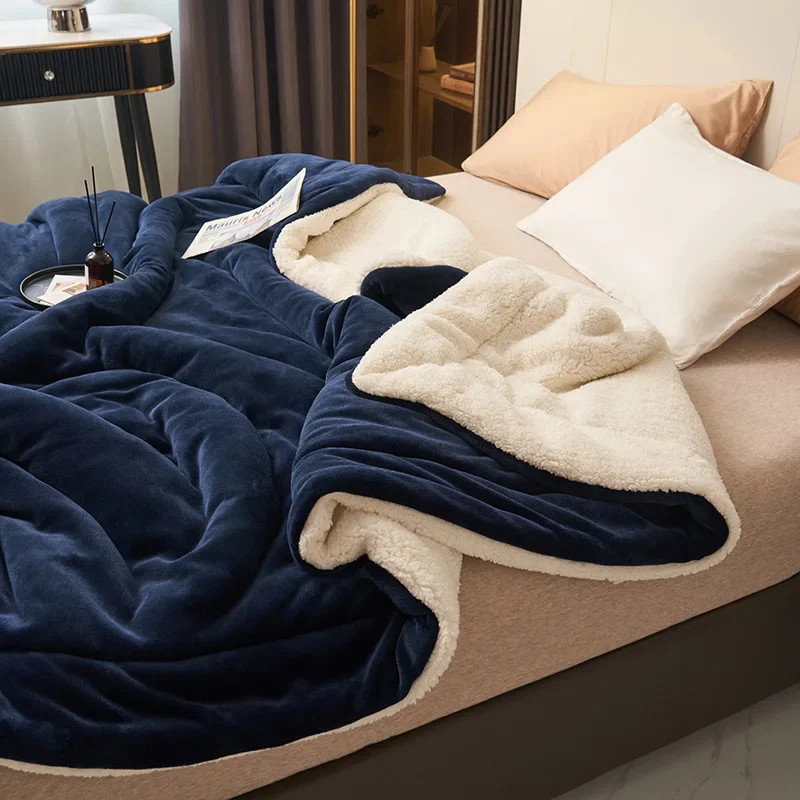 Imitation Lambswool Autumn Winter Warm Blanket Mechanical Wash Double Layer Queen Blankets for Beds Super Soft Plush Comfortable