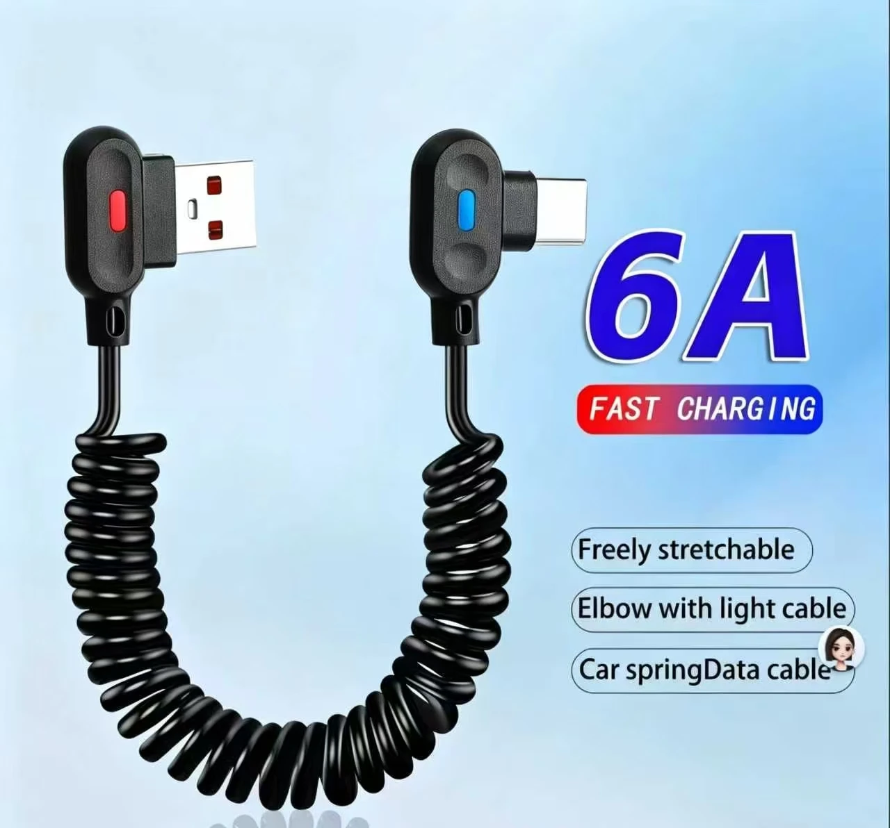 USB Type C Fast Charging Cable 6A Car Spring Telescopic Elbow with Light for iPhone  Huawei Xiaomi - Durable Charging Solution