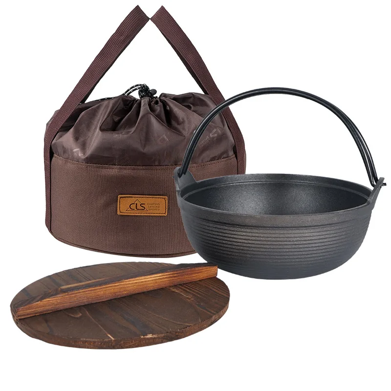 1 Set Soup Pot Multi-functional Outdoor Camping Stew Soup Cast Iron Non-stick Pot With Wooded Lid Storage Bag