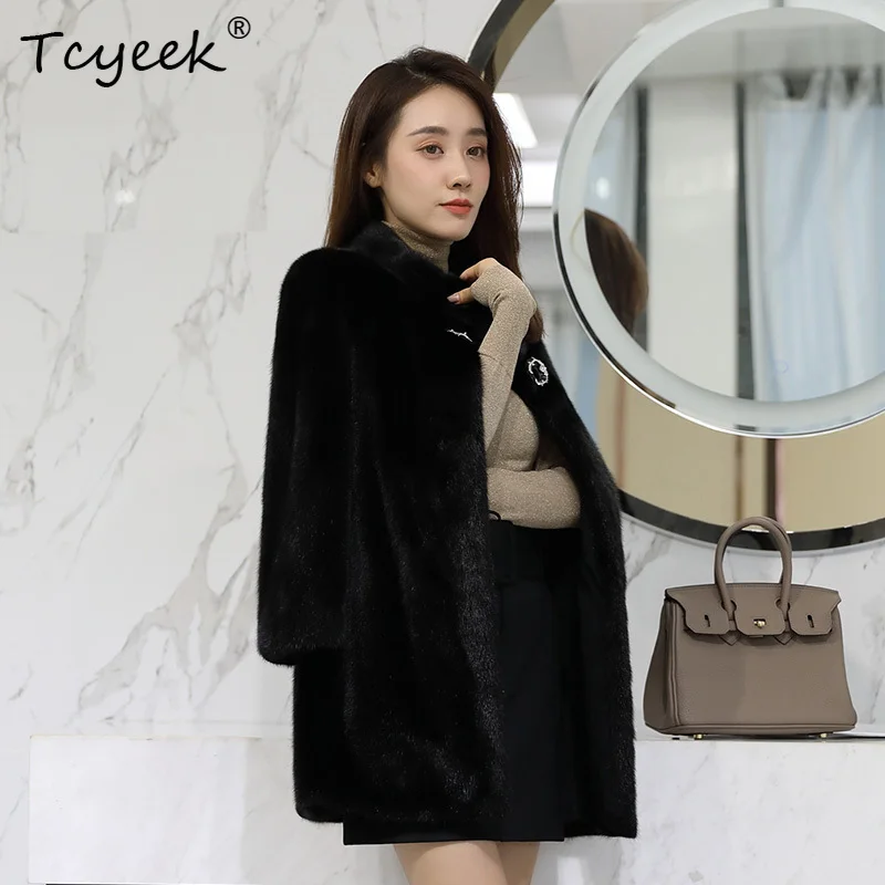 Tcyeek Autumn Winter High End Korean Version Full Mink Stand Up Collar Black Medium Length Women's Mink Fur Coat Fourrures Femme