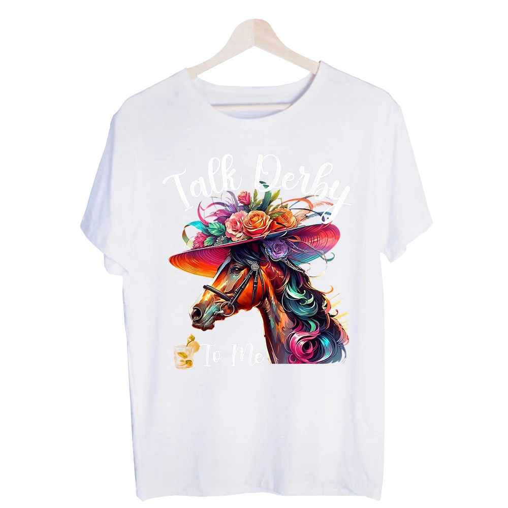Women's Horse with Floral Hat and Slogan Graphic Tee, Short Sleeve Casual T-Shirt for Derby Events and Summer Outfits