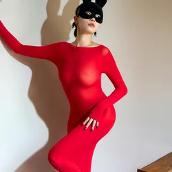 Sexy Erotic Lingerie For Women Tights Pencil Dress Sheer See Through Elastic Long Sleeve Nightdress Bodycon Full Body Tube Dress